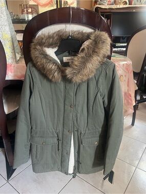 Sebby Olive Green Utility Parka with Faux Fur Trim